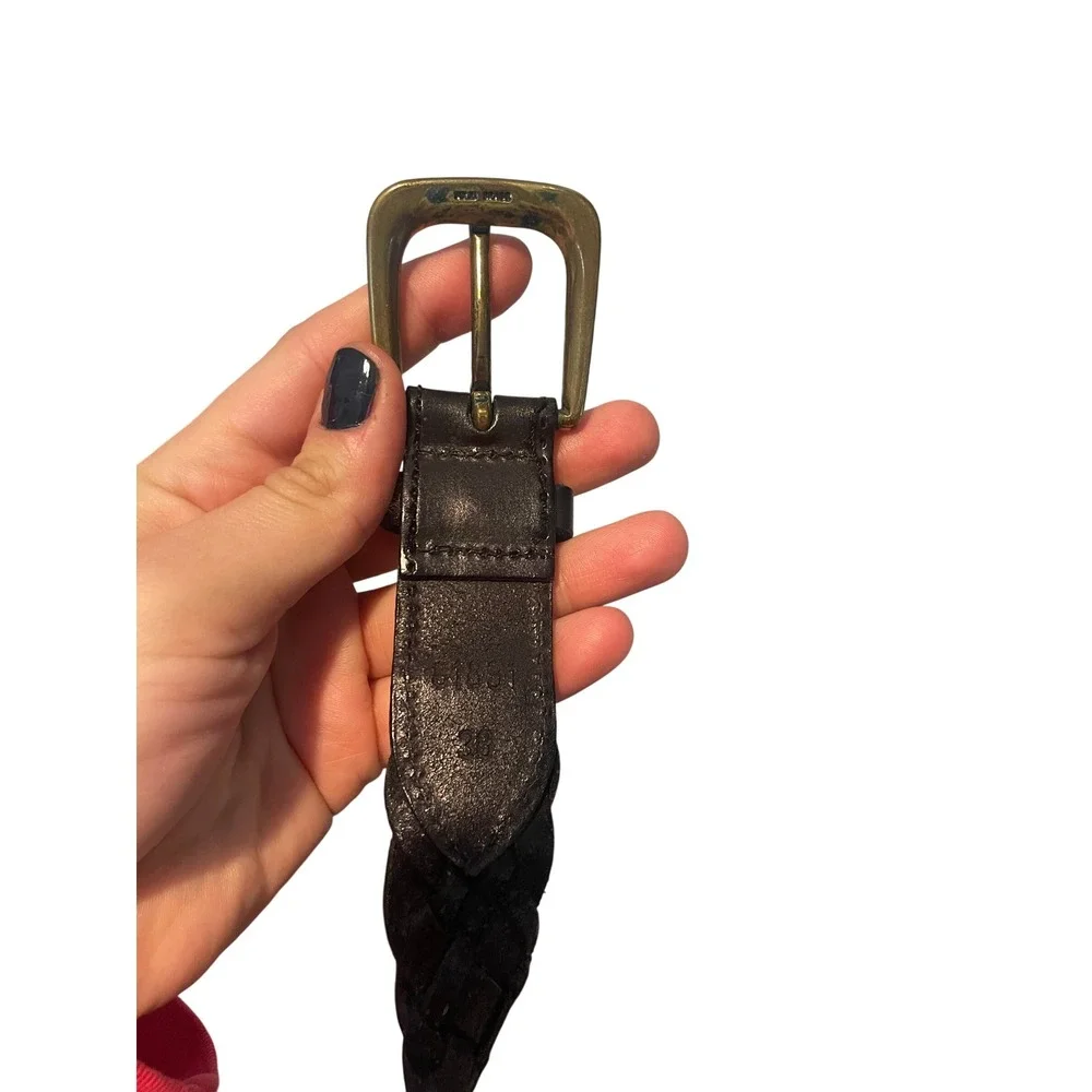 Vintage Braided Dark Brown Leather Belt Brass Buckle Woven Boho Size 38